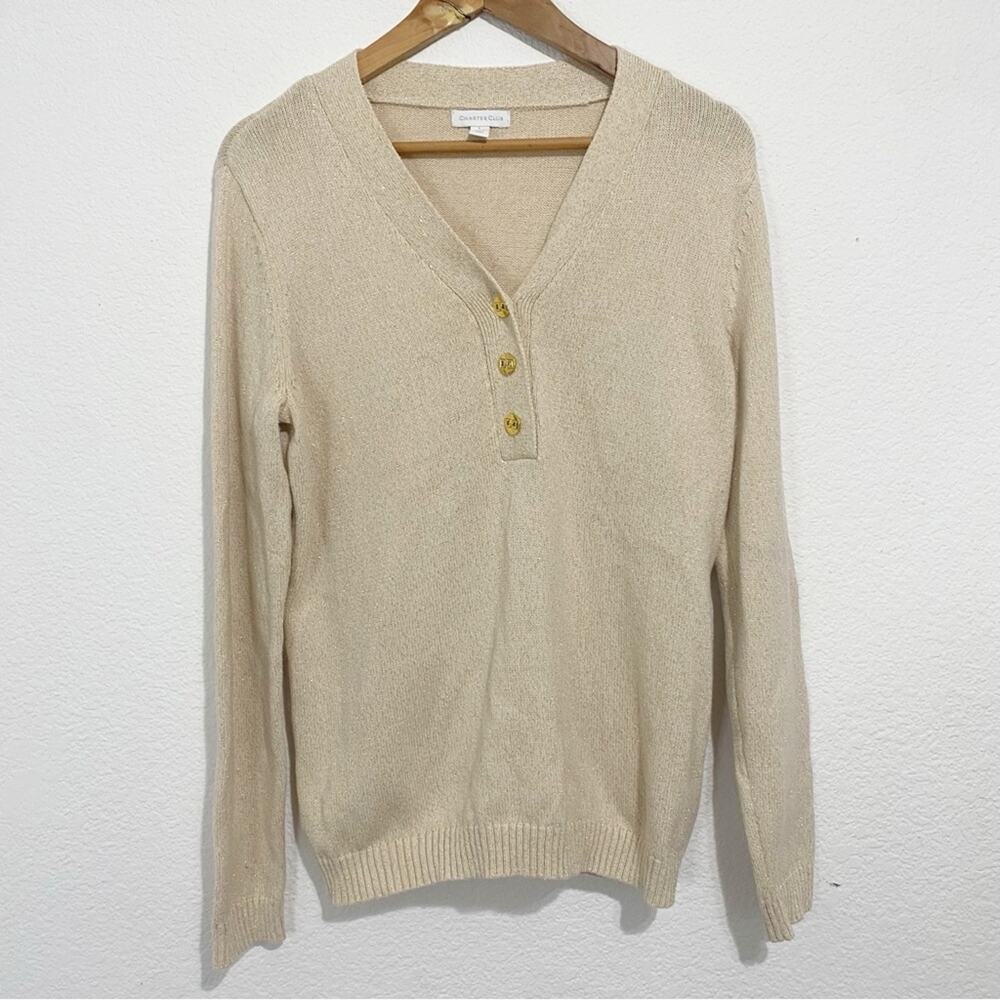 Charter Club Cream Gold V-Neck Sweater with Button Accents Old Money